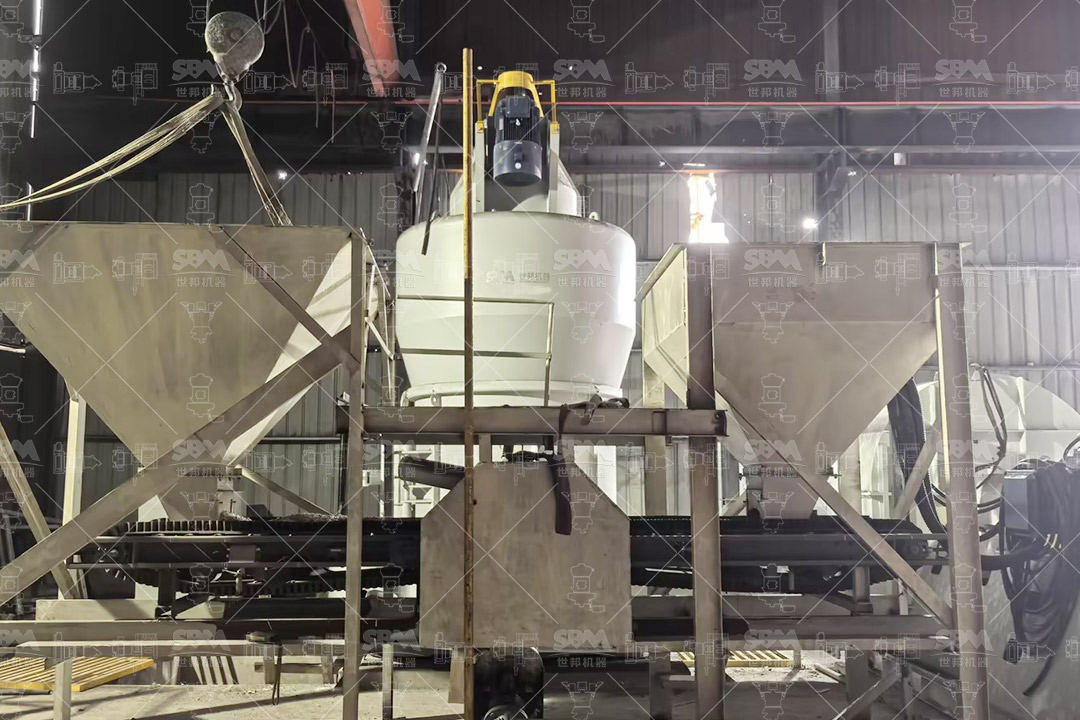 Fine bauxite powder being mixed in cement production line