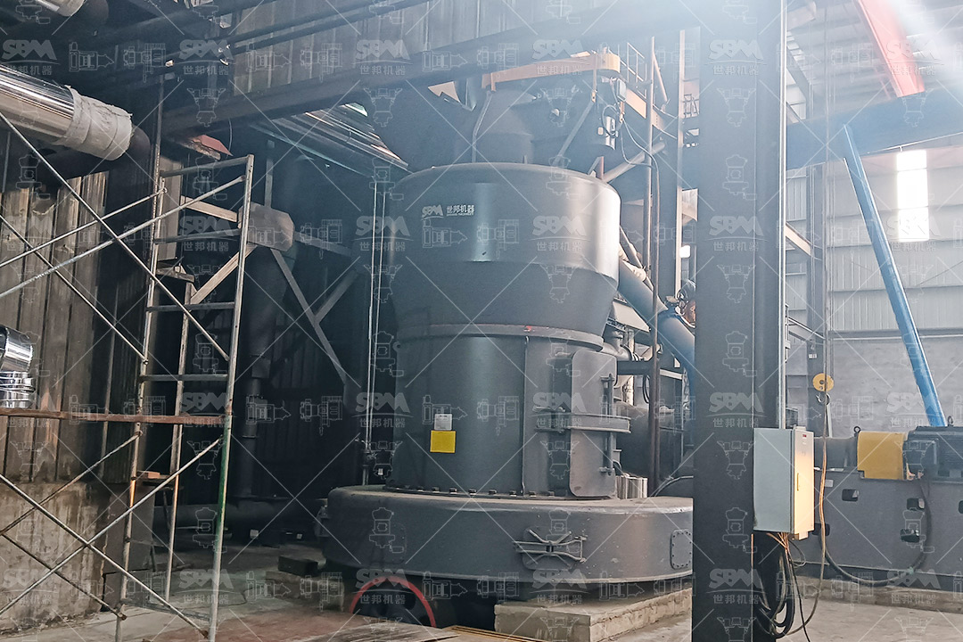 Finished 30-mesh magnesite powder discharged from a grinding mill into a storage silo