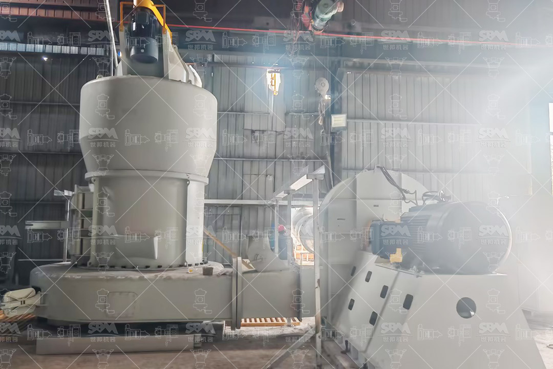 MTW European Trapezium Mill in operation, showcasing the integral bevel gear drive and anti-wear shovel design for high-capacity barite grinding to 325 mesh.